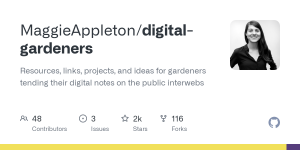 GitHub - MaggieAppleton/digital-gardeners: Resources, links, projects, and ideas for gardeners tending their digital notes on the public interwebs