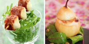 2 idées de recettes au fromage de chèvre : Brochettes de chèvre au serrano, Poire rôtie au four, banon AOP...