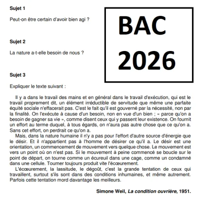 Sujets de l’épreuve de philosophie pour les centres à l’étranger du groupe 1