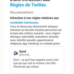 Sand sur Twitter : “I'M BACK (après avoir été punie pour un tweet qui ne faisait que reprendre un chiffre qu'on trouve d'ailleurs easy sur twitter et que des hommes tweetent sans aucun souci, EUX).”