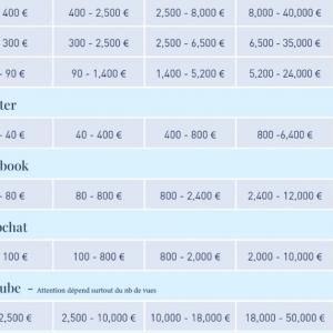 Grille de tarifs des influenceurs par réseau social pour 2023